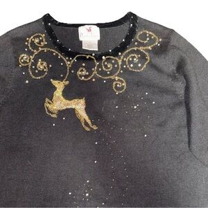 Quacker Factory reindeer Black gold Sequin 1X Pullover Sweater / Cottagecore